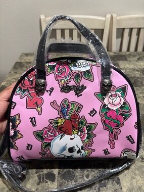 Ed Hardy Pink Tattoo-Print Crossbody Lunch Tote Bag with Clear Box Lunch